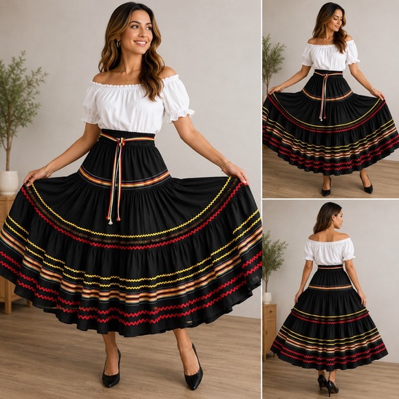 Victor Costa Dresses & Skirts - Victor Costa Vintage Tiered Maxi Skirt Black Rick Rack Boho Folk Belted Size 12